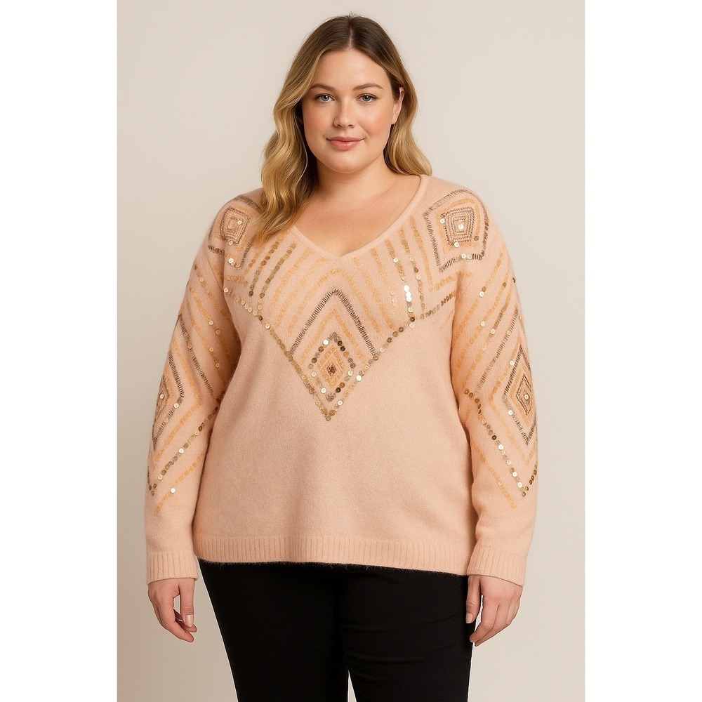 Outlander Womens Lambswool Angora 1X Sequin Embellished‎ Sweater Pink / Coral